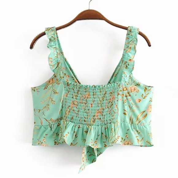 Boho Vintage Floral Print Mint Gypsy Crop Top Tank - Picture 3 of 11